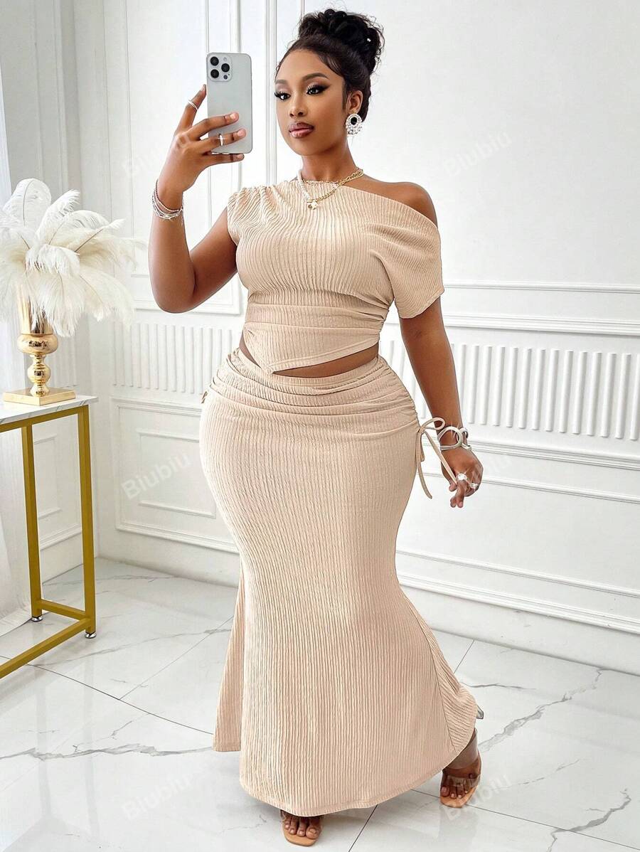 BIUBIU Spring/Summer New Plus Size Elegant Casual Commuter Asymmetrical Slanted Shoulder Collar Pleated Top With Asymmetric Hem And Mermaid-Style Striped Skirt Set