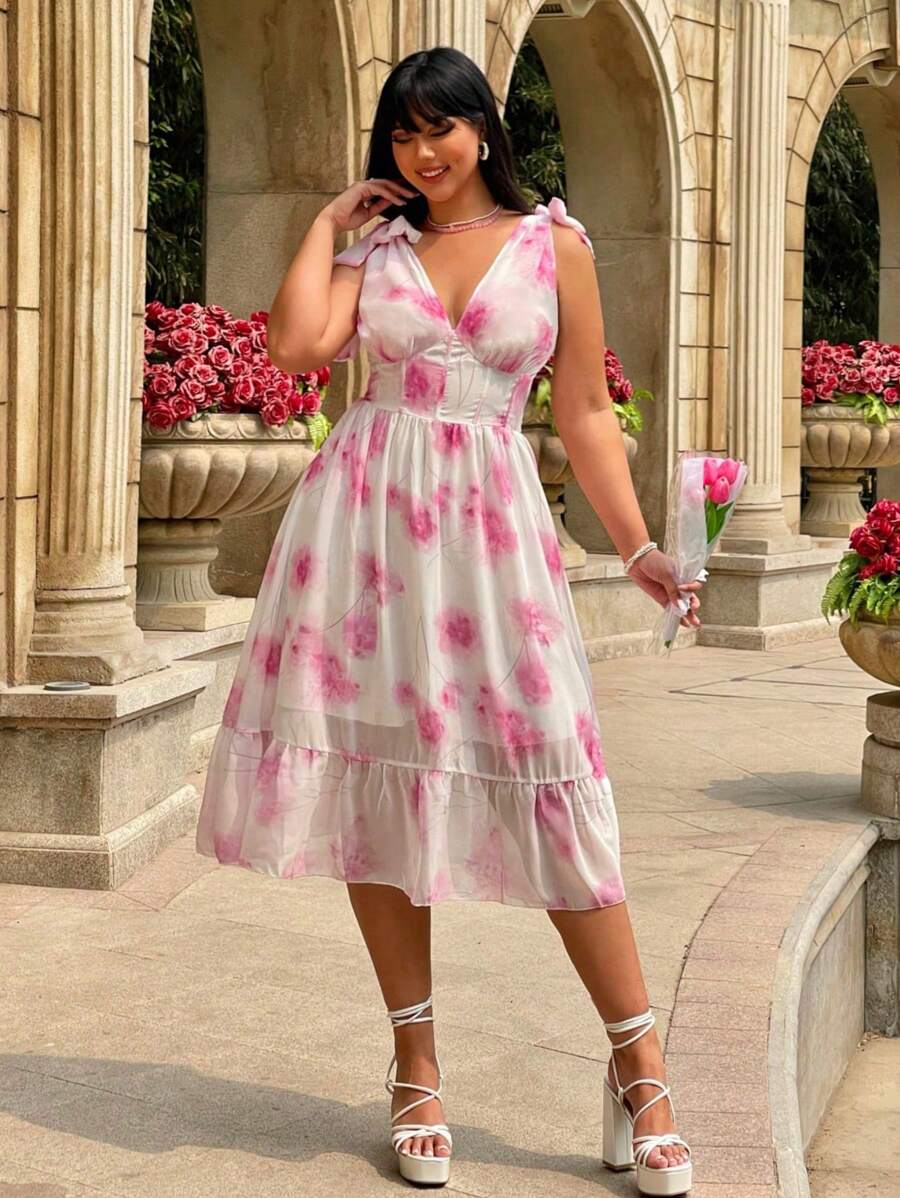 Sunnyshic Plus Size Women's Summer Vacation Shoulder Strap Floral Printed Ruffle Hem Sleeveless Elegant Dress