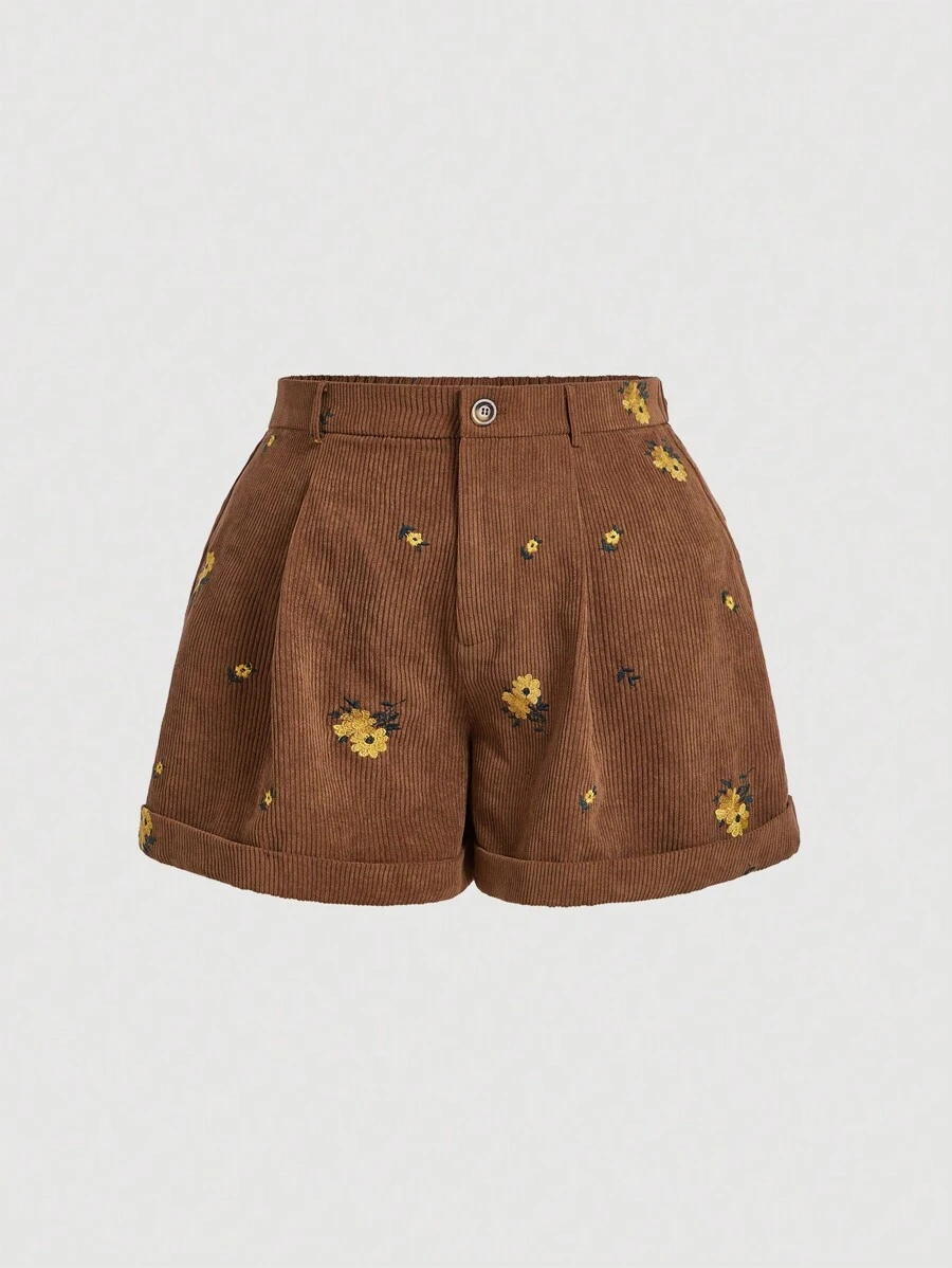 SHEIN MOD Plus Size Women's Flower Embroidered Corduroy Shorts