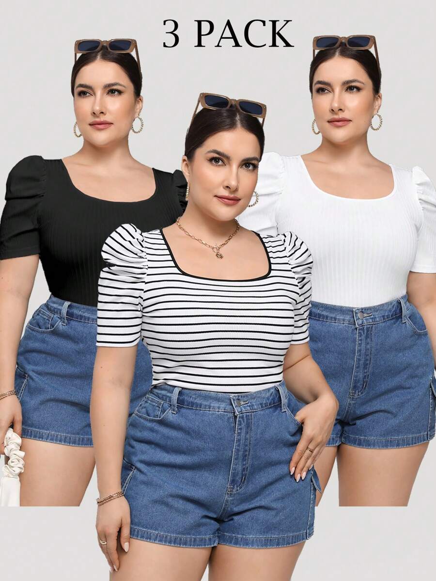 SHEIN Essnce Paquete de 3 camisetas de cuello cuadrado ajustadas de verano para mujer talla grande, ropa de verano para mujer, blusas lindas, camisetas a rayas, atuendos de verano, blusas talla grande, blusas curvilíneas