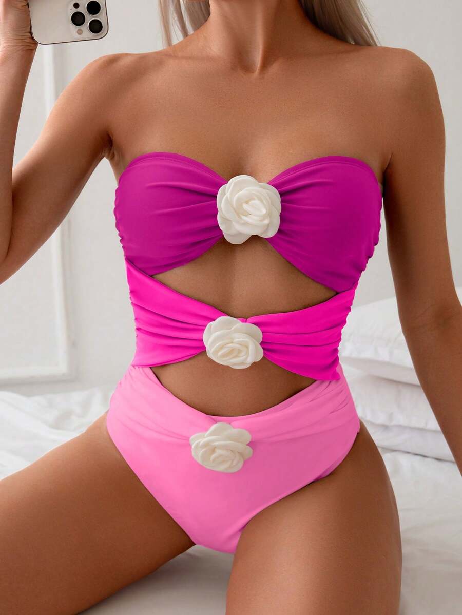 3D gelaagde kant bloemen decoratief patchwork eendelig badpak voor vrouwen zomer