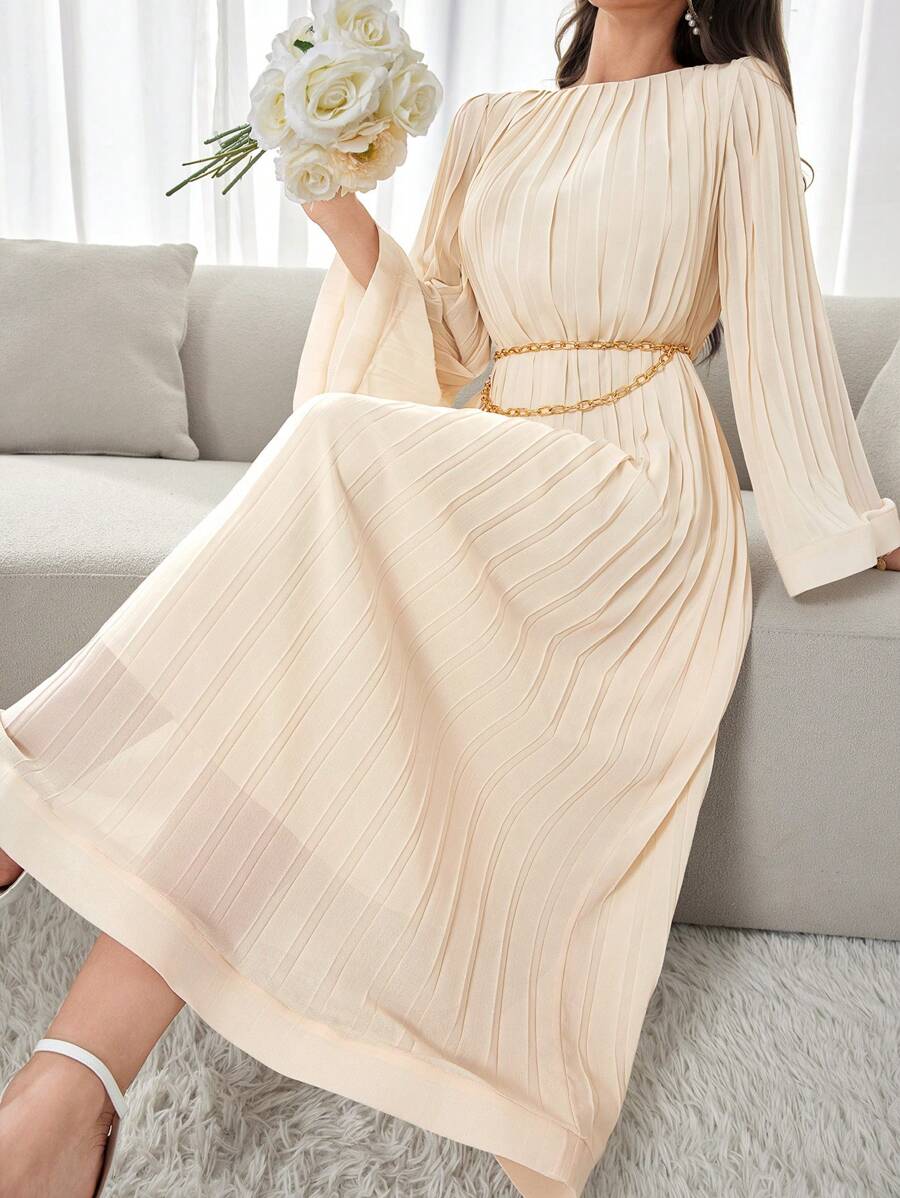 Modelyn Women's Solid Color Pleated Summer Arabic Style Long Sleeve Dress With Round Neckline, Elegant