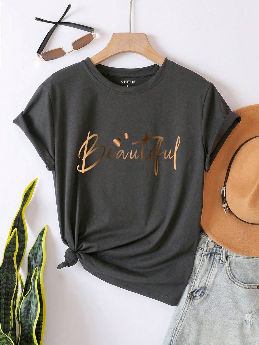 INAWLY Women's Summer Heart & Letter Print Round Neck Short Sleeve Casual T-Shirt Graphic Tees Women Tops