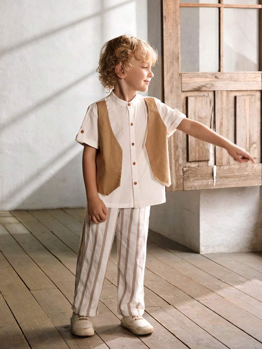 Cozy Pixies Conjunto informal de niño con cárdigan bicolor 2 en 1 y pantalones a rayas