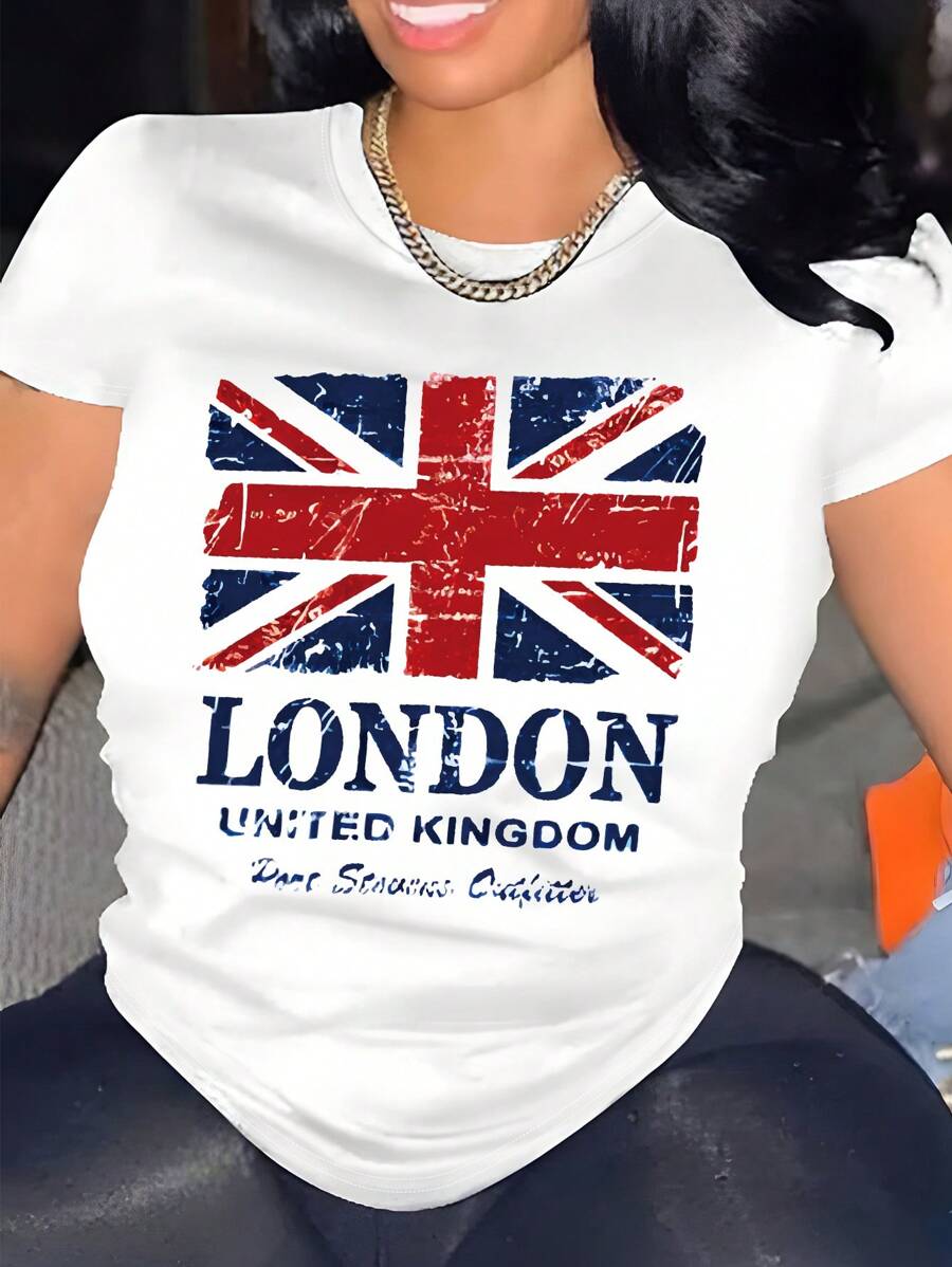 Maweii Plus Size Stylish London Union Jack Printed Casual Short Sleeve T-Shirt, LONDON UNITED KINGDOM Graphic Tees Women Tops, For Summer