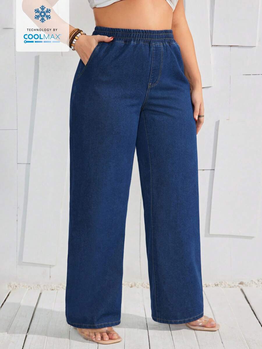 SHEIN VCAY Jeans casuales de pierna recta para el día a día, talla grande con cintura elástica de Coolmax
