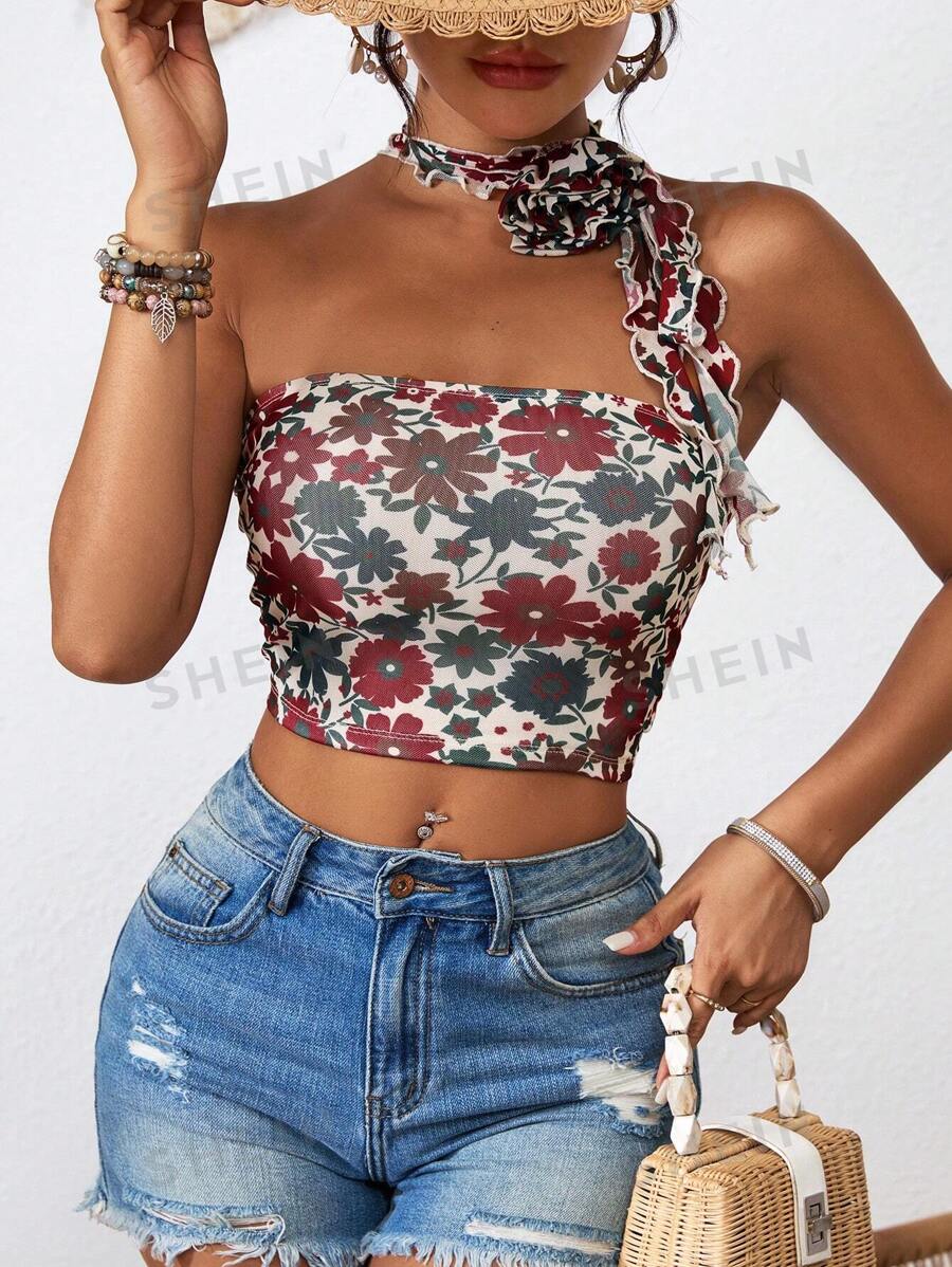 SHEIN VCAY Camiseta corta de malla tejida con estampado floral para mujer, ajuste delgado, ideal para vacaciones