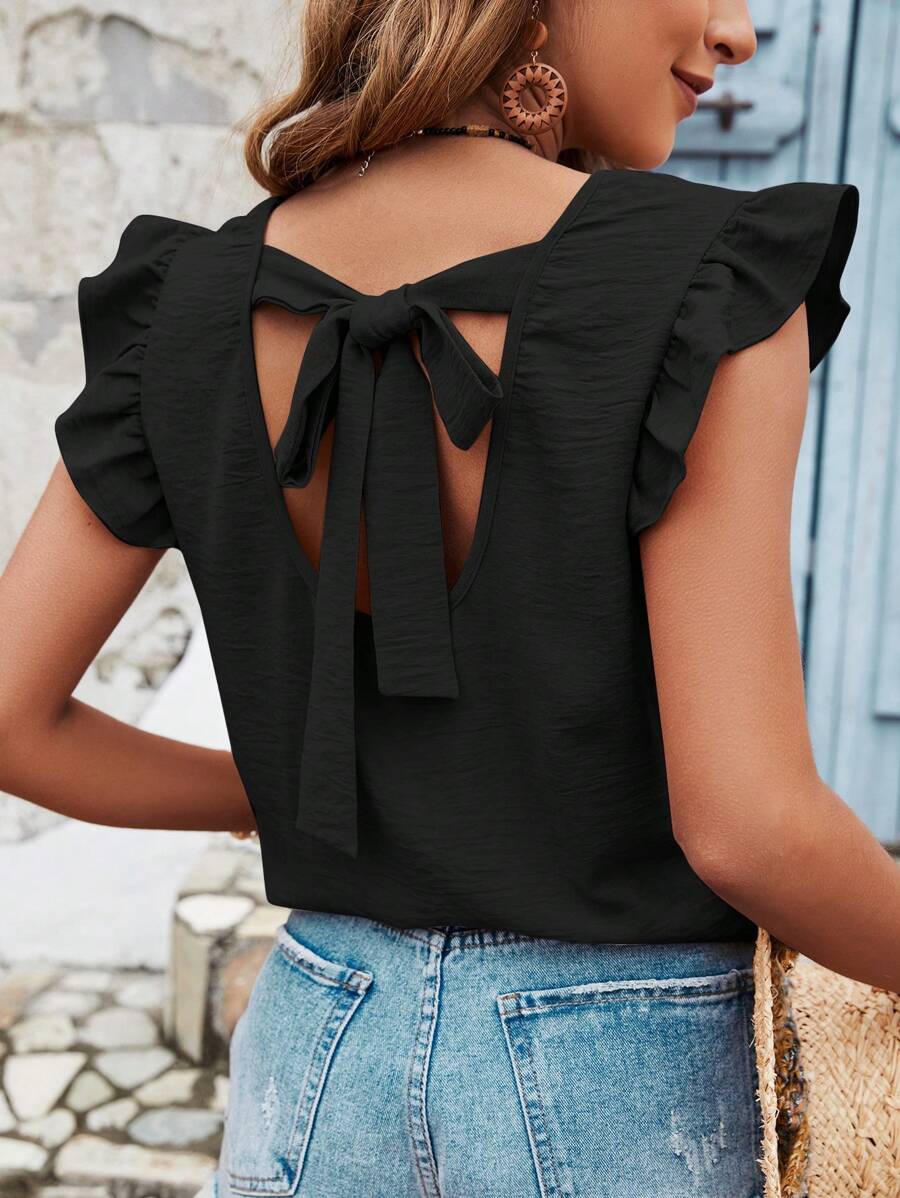 SHEIN Frenchy Women's Summer Vacation Solid Colored Back Cross Strap Ruffle Trim Blouse