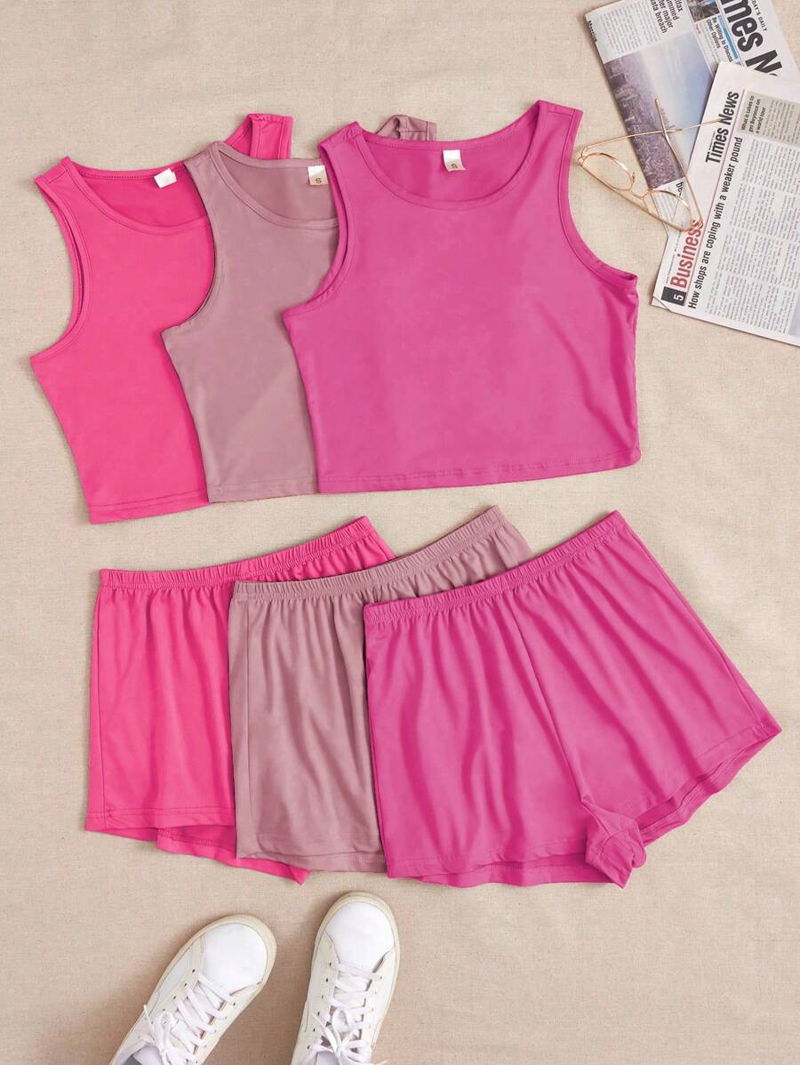 Conjunto casual de 3 piezas para mujer con chaleco unicolor sin mangas de cuello redondo y pantalones cortos para estar en casa