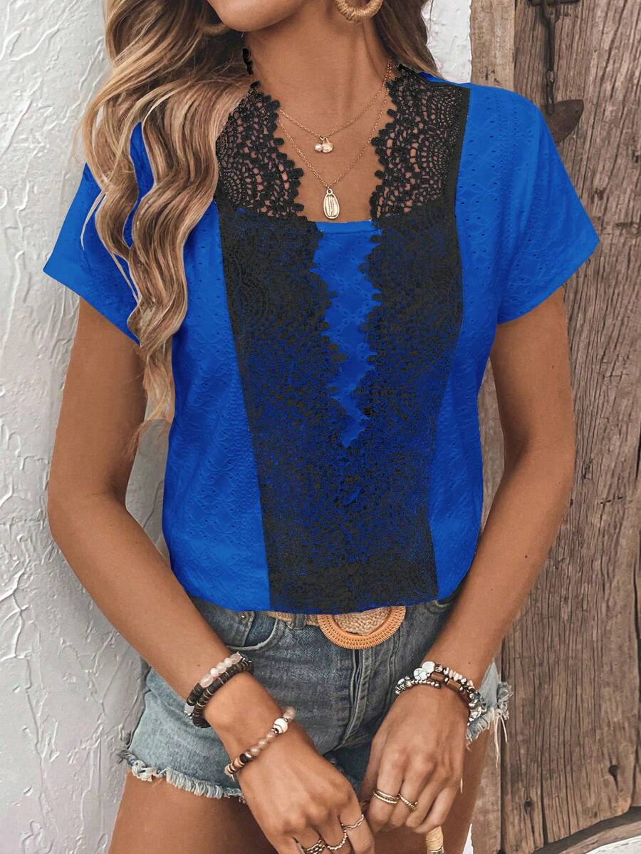 SHEIN LUNE T-shirt à manches courtes pour dames avec bordure en dentelle et boutons pour l'été