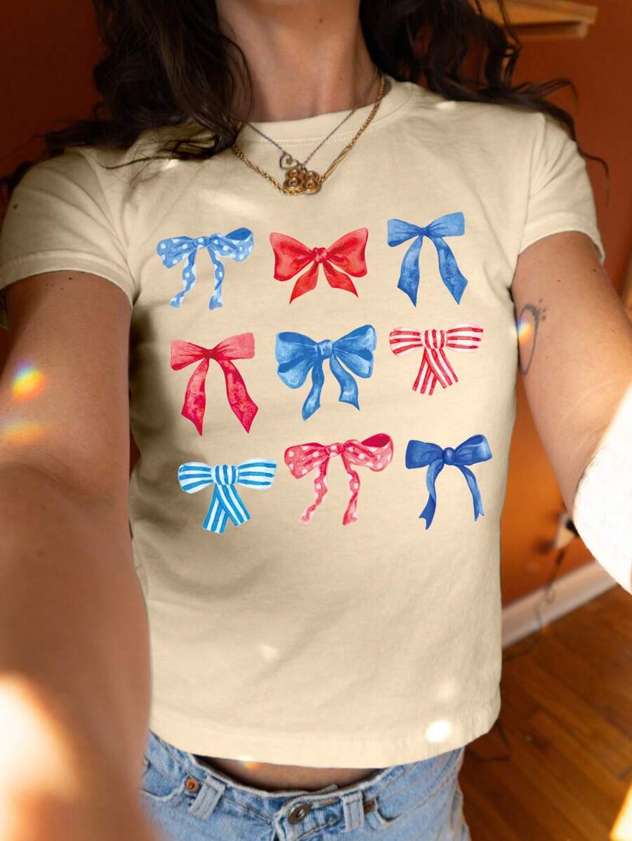 INAWLY Women's Summer Butterfly Print Round Neck Short Sleeve Casual T-Shirt