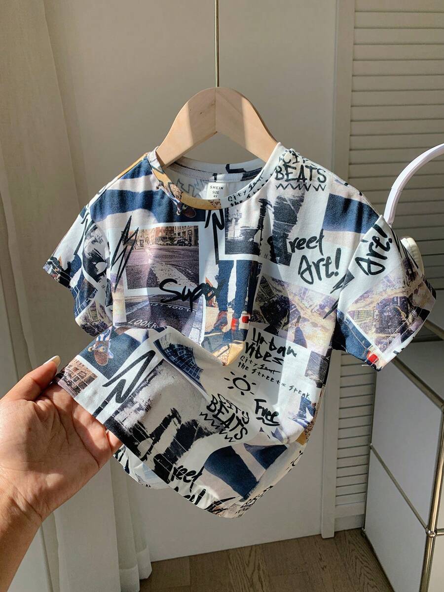 Camiseta Casual de Gola Redonda com Manga Curta de Estilo Jovem com Fotografias de Paisagem emolduradas