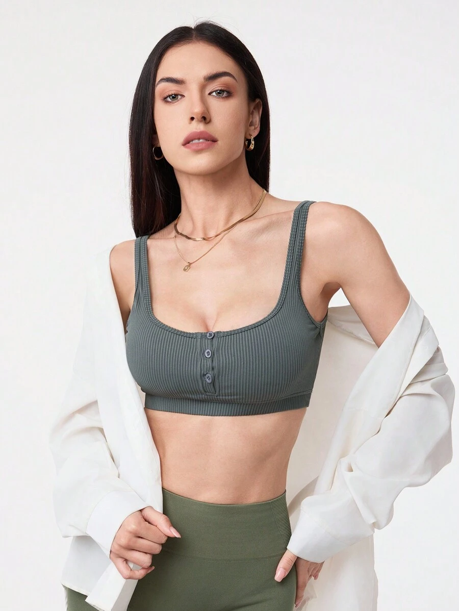 SHEIN Sport Gameset Sujetador deportivo para mujer con correas anchas y unicolor, adecuado para yoga