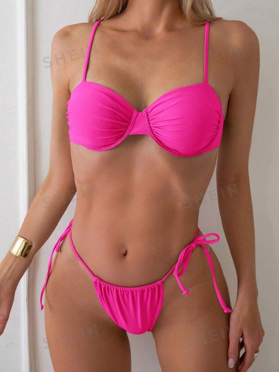 Conjunto de bikini con tanga fruncido de unicolor para mujer, conjunto de bikini sexy de dos piezas para playa de verano