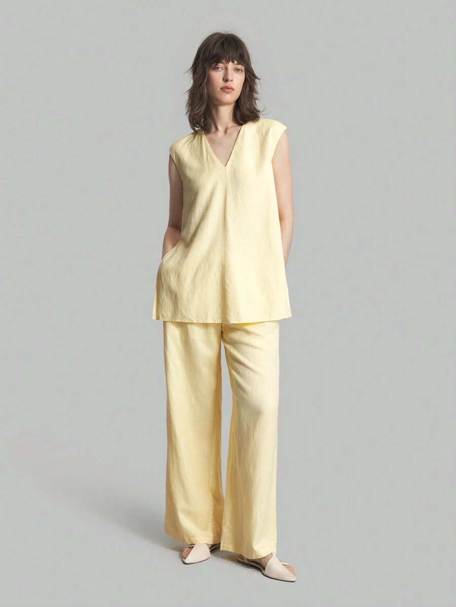 Ontre 2pcs Women's Solid Simple Cotton Casual Sleeveless Top And Pants Set, Cream Yellow, For Autumn, Back To School, Daily Wear