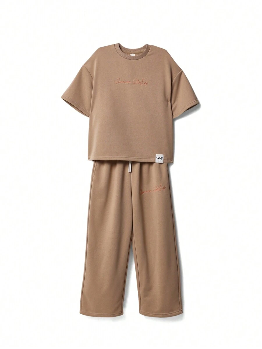 SUMWON Ensemble 2 pièces pour préadolescentes avec t-shirt oversize à manches coudes et pantalon de survêtement ajusté droit avec broderie