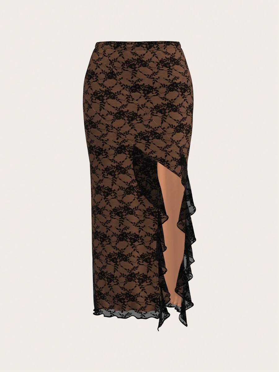 Sweetina Women's Y2k Summer Outfits Prom Low-Rise Contrast Color Side Slit Long Curve Lace Skirt With Ruffle Hem Lace Decoration