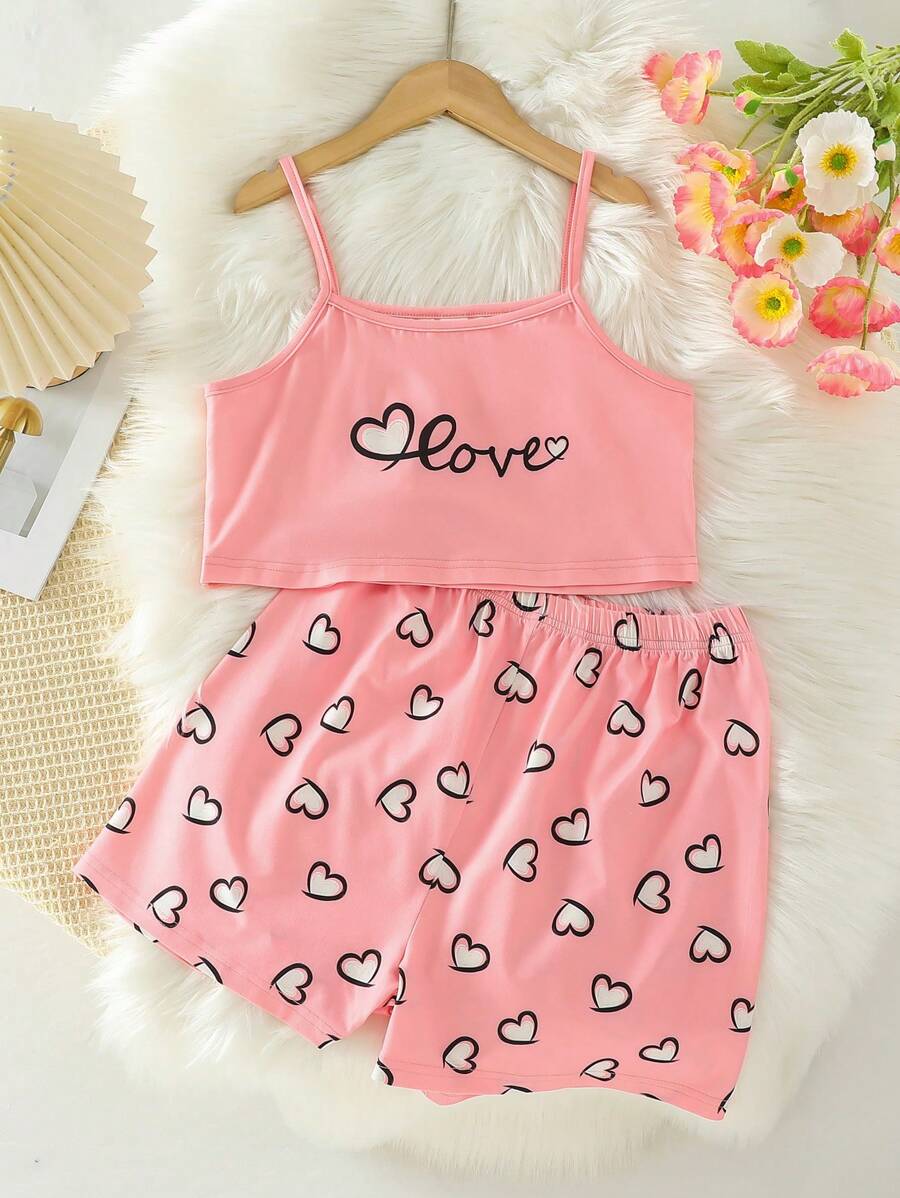 Conjunto de pijama casual simples para meninas adolescentes, com regata e shorts estampados com corações.