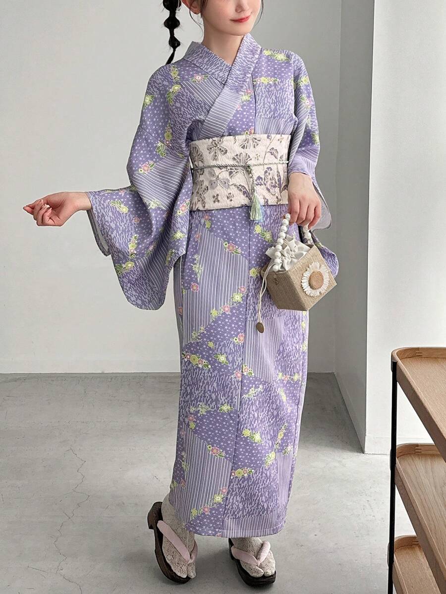 FRIFUL Japanese Style Elaborate Printed Yukata With Woven Jacquard Obi Belt And Fringed Belt Set, Upgraded Yukata