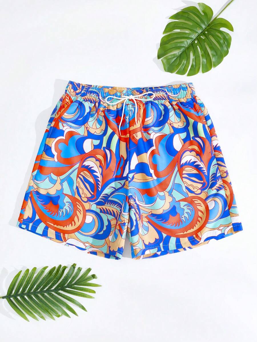 Manfinity Men's All Over Print Drawstring Elastic Waist Loose Beach Shorts, Vacation Style