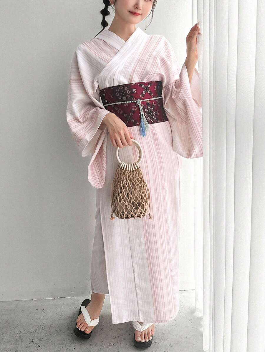 FRIFUL Japanese Style Striped & Printed Yukata With Woven Obi Belt And Tassel Waistband Set, Upgraded Version