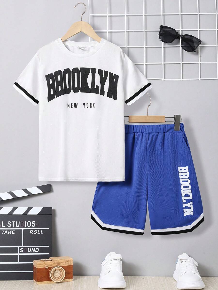 SHEIN Tween Boy Letter Print Casual Sports Round Neck Short Sleeve T-Shirt And Shorts Set