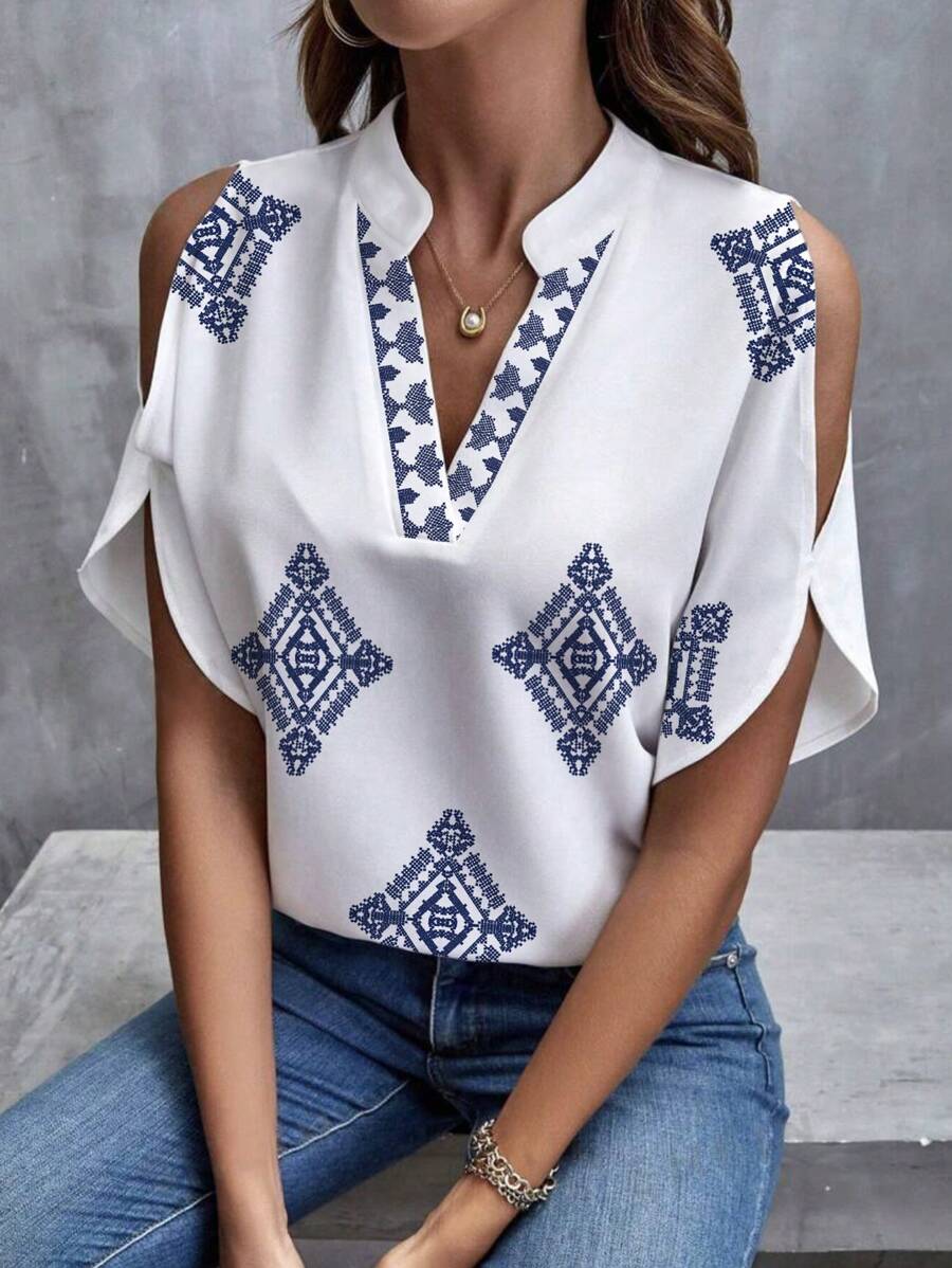 EMERY ROSE Sommer Pendler Kurzarm Hemd mit V-Ausschnitt und Cut-Out Schulterdesign, Kurzarm Oberteile