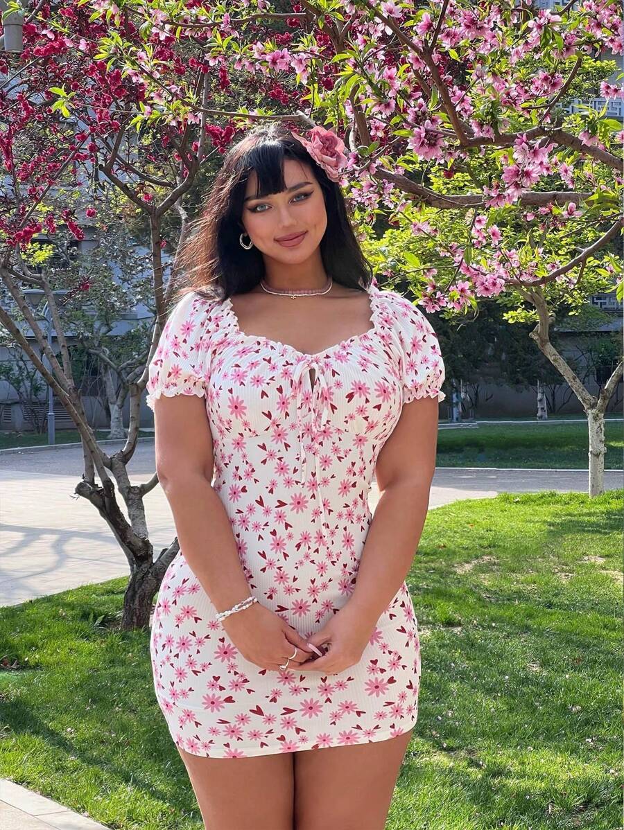 Flirla Plus Size Summer Holiday Style Floral Print Bodycon Mini Dress With Small Flower Pattern