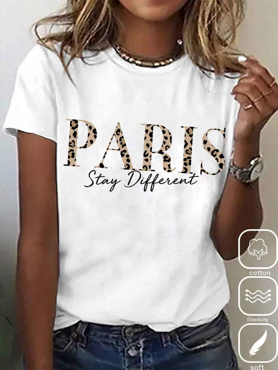 EMERY ROSE Fitted Women's Round Neck Paris Leopard & English Text Print Short Sleeve T-Shirt, Casual Pullover, Cotton Blended, Summer