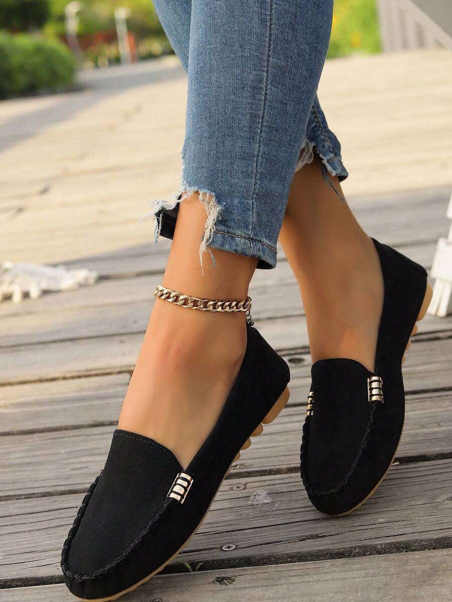 Casual Round Toe Slip-On Loafers, Solid Color, Comfortable, Breathable, Metal Buckle Accent, Hand-Sewn Lace, Black Fabric, Flat Soft Sole, Women Leisure Shoes, All Season