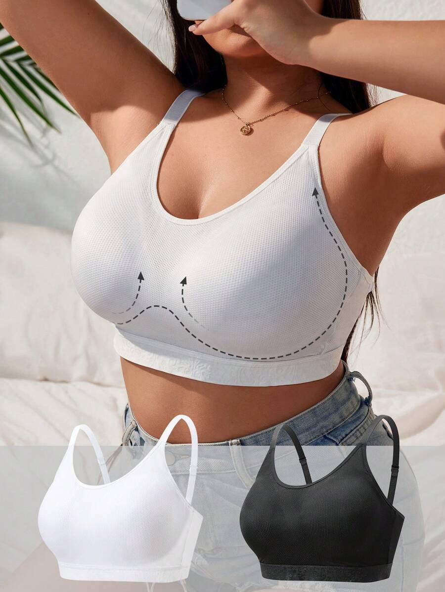 2 piezas/Conjunto de sujetador inalámbrico cómodo con diseño transpirable, que sostiene y previene el descolgamiento y el escote lateral, talla grande