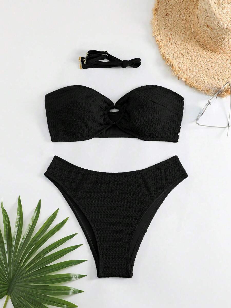 SHEIN Swim Curve Conjunto de bikini de talla grande para mujer de unicolor y sin tirantes para playa de verano con enlace circular hueco, conjunto de bikini sexy de dos piezas