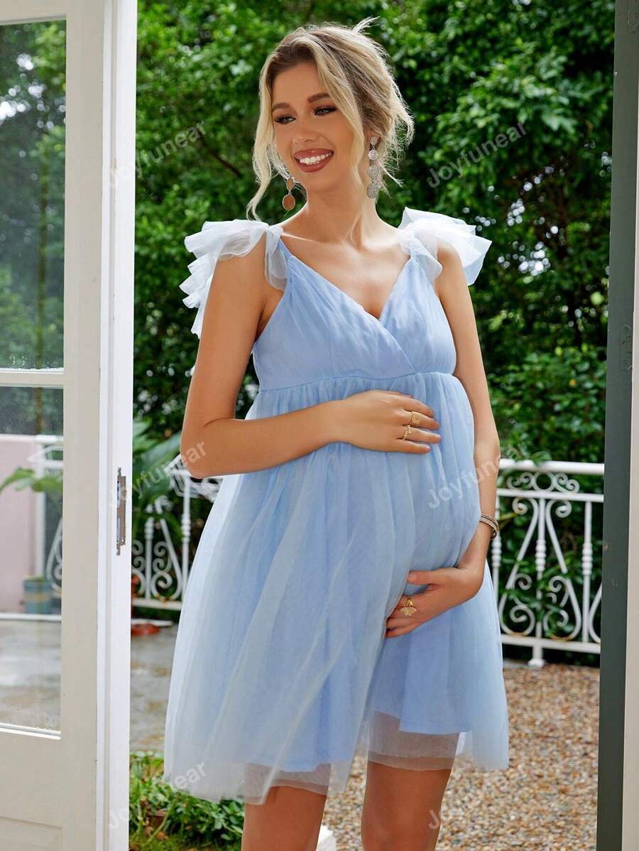 Joyfunear Maternity Fashion Mesh Cap Sleeve V-Neck Short Elegant Dress, For Party