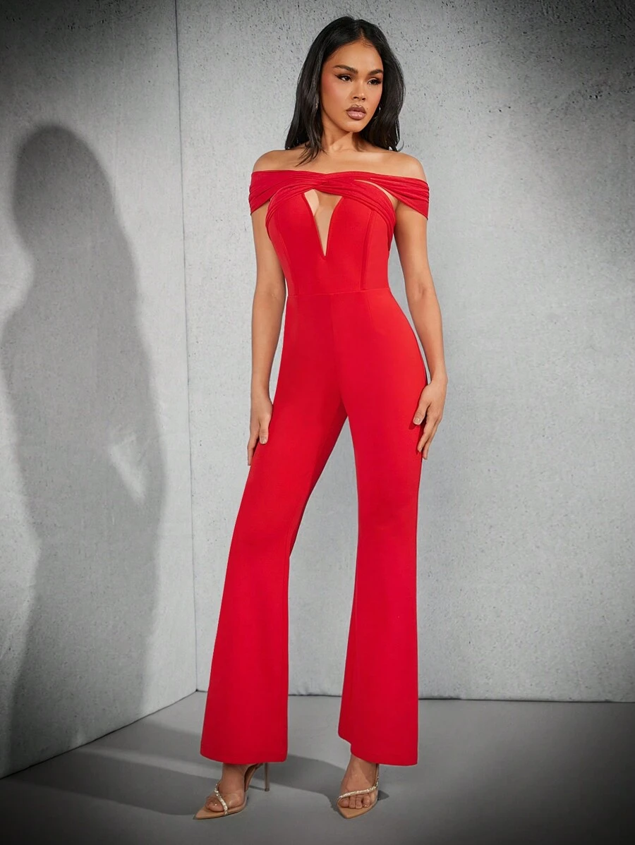 Hauture Women's Sexy Hollow Out Solid Color Off Shoulder Slim Fit Flared Jumpsuit, Summer