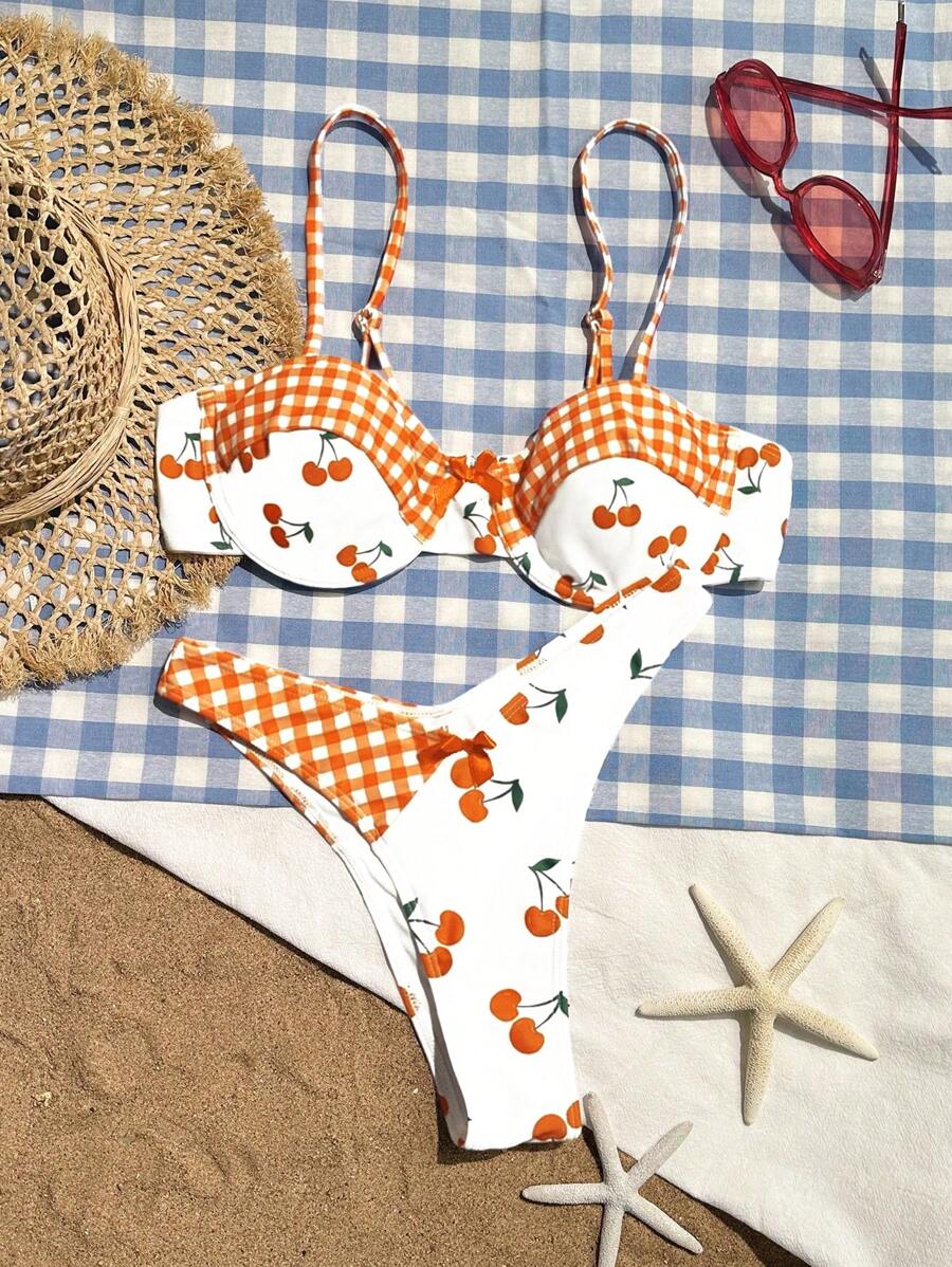 SHEIN Swim Women's Summer Beach Cherry Plaid Printed Sexy Bikini Set, Two-Piece Swimwear