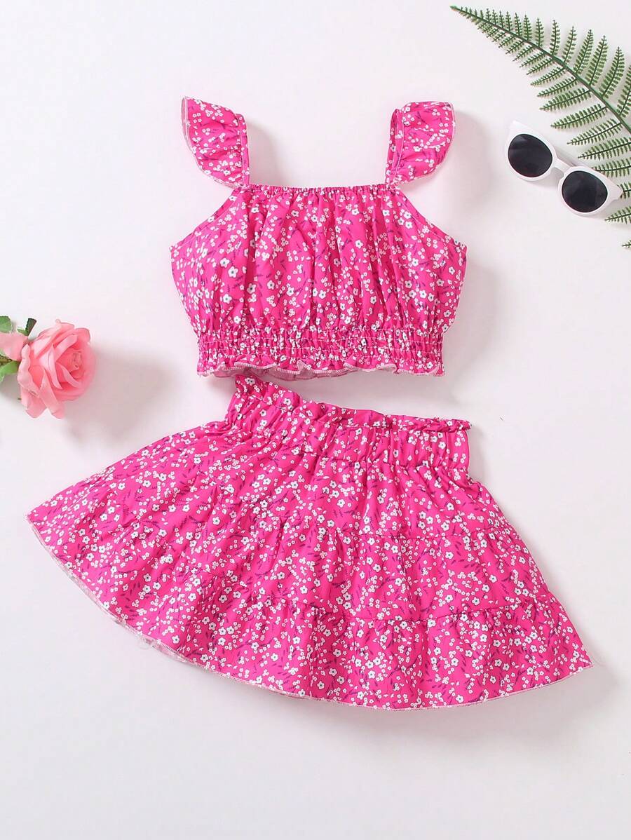 SHEIN Jong meisje schattig ruches ditsy bloemen gesmokt topje en A-lijn rok