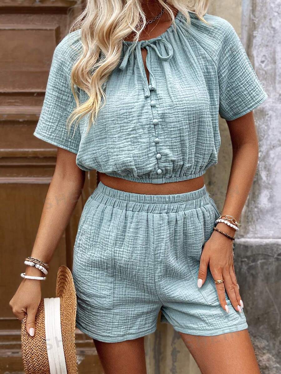 Breezaya Conjunto de dos piezas de algodón de ocio con textura de muselina de doble capa