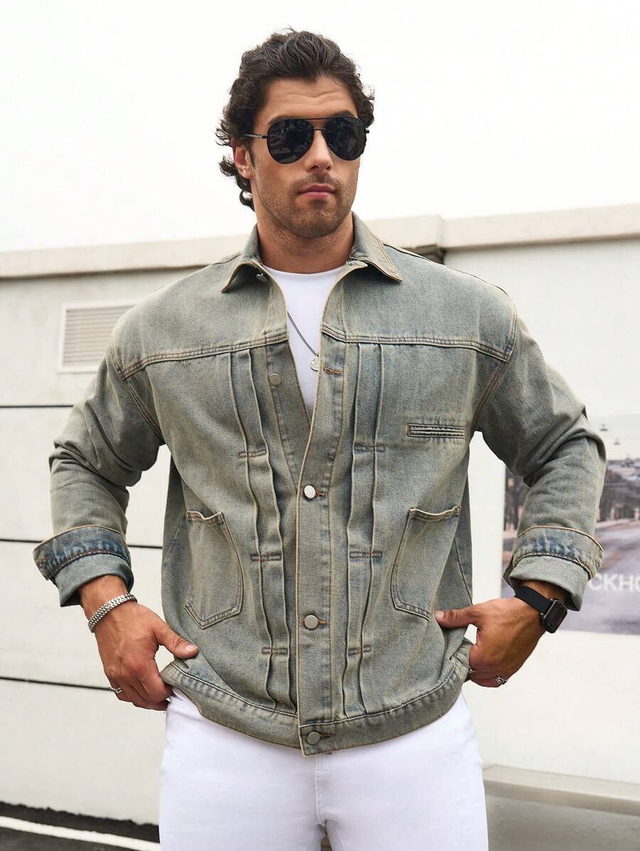 Manfinity Homme Jachetă de blugi casual retro, elegantă, perfectă pentru muncă și petrecere a timpului liber