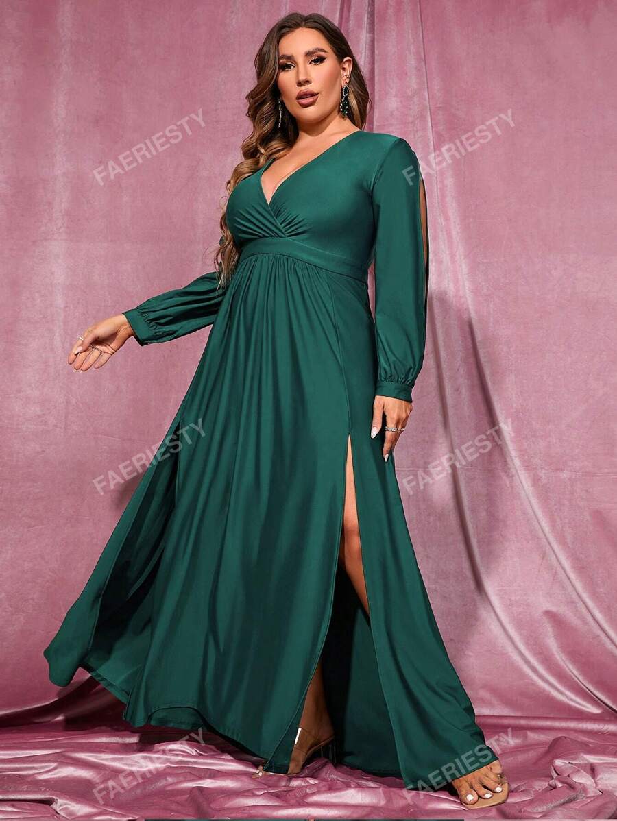 Faeriesty Plus Split Thigh Overlap Collar Bishop Sleeve Slit Thigh Dress