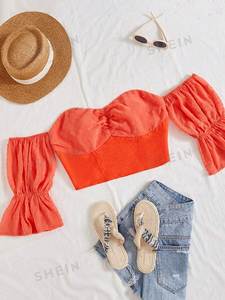 Soleia Camisa corta con hombros descubiertos de estilo vacacional de moda para mujeres de talla grande