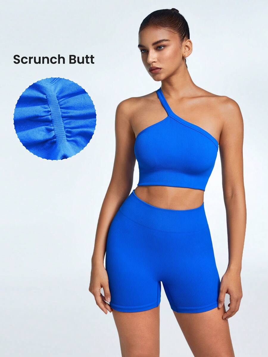 Lifespree Frauen Einfarbig ärmelloses asymmetrisches Neckholder Crop Top und Shorts, Sommer enge nahtlose Sportbekleidung Set