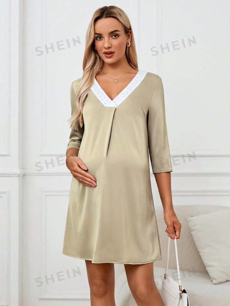 SHEIN Vestido de medio manga joven de cuello en V para mujer embarazada, adecuado tanto para ocasiones casuales como profesionales