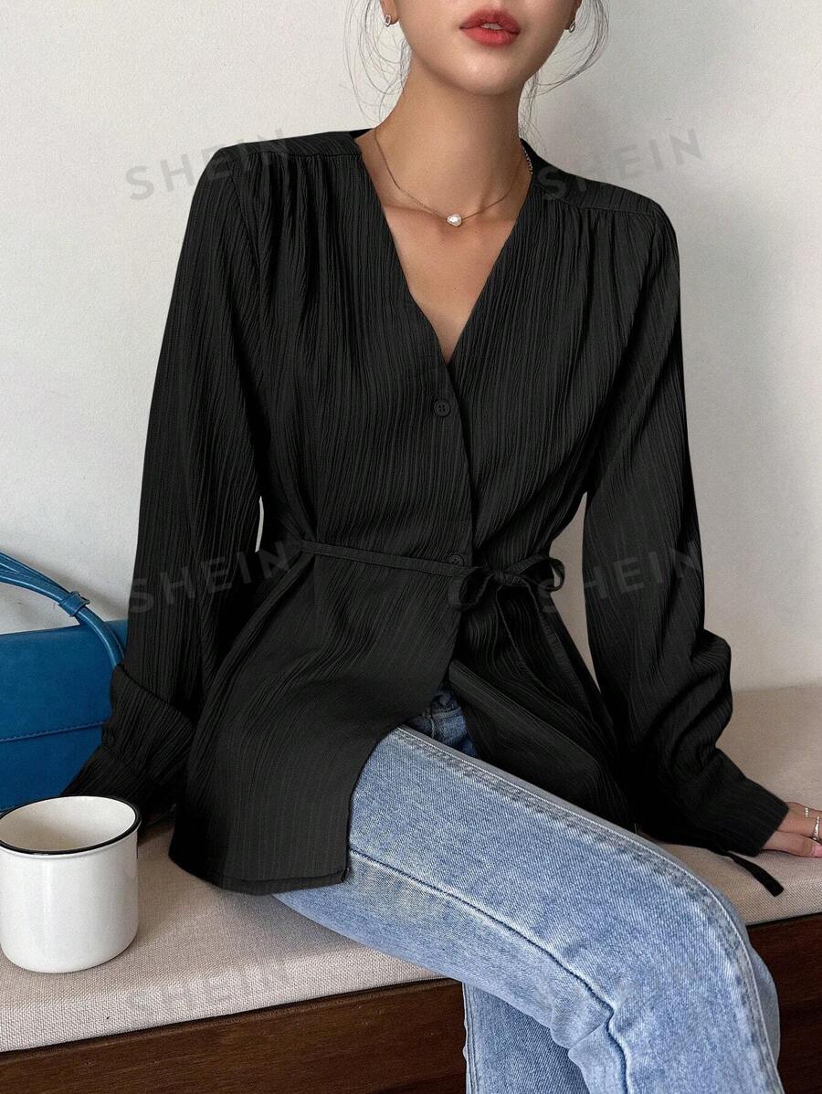 DAZY Camisa de manga larga de unicolor con textura para uso casual de negocios