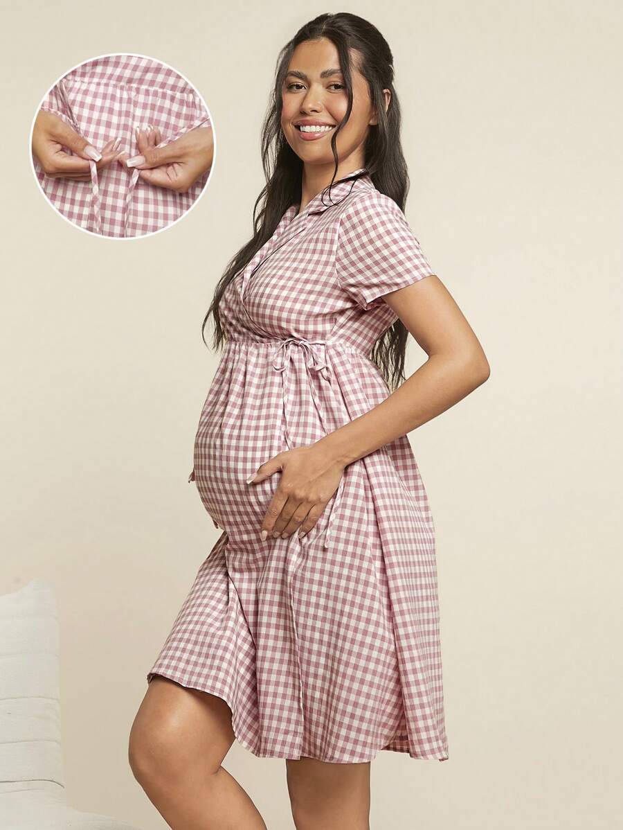 SHEIN Maternity Home Wear Sailor Collar Short Sleeve Knee-Length Casual Woven Plaid Pregnancy Dress