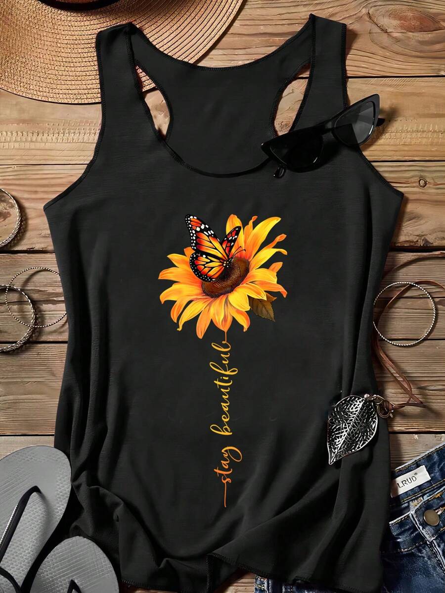 EMERY ROSE Women's Casual Simple Butterfly & Sunflower Graphic Crew Neck Tank Top, Summer