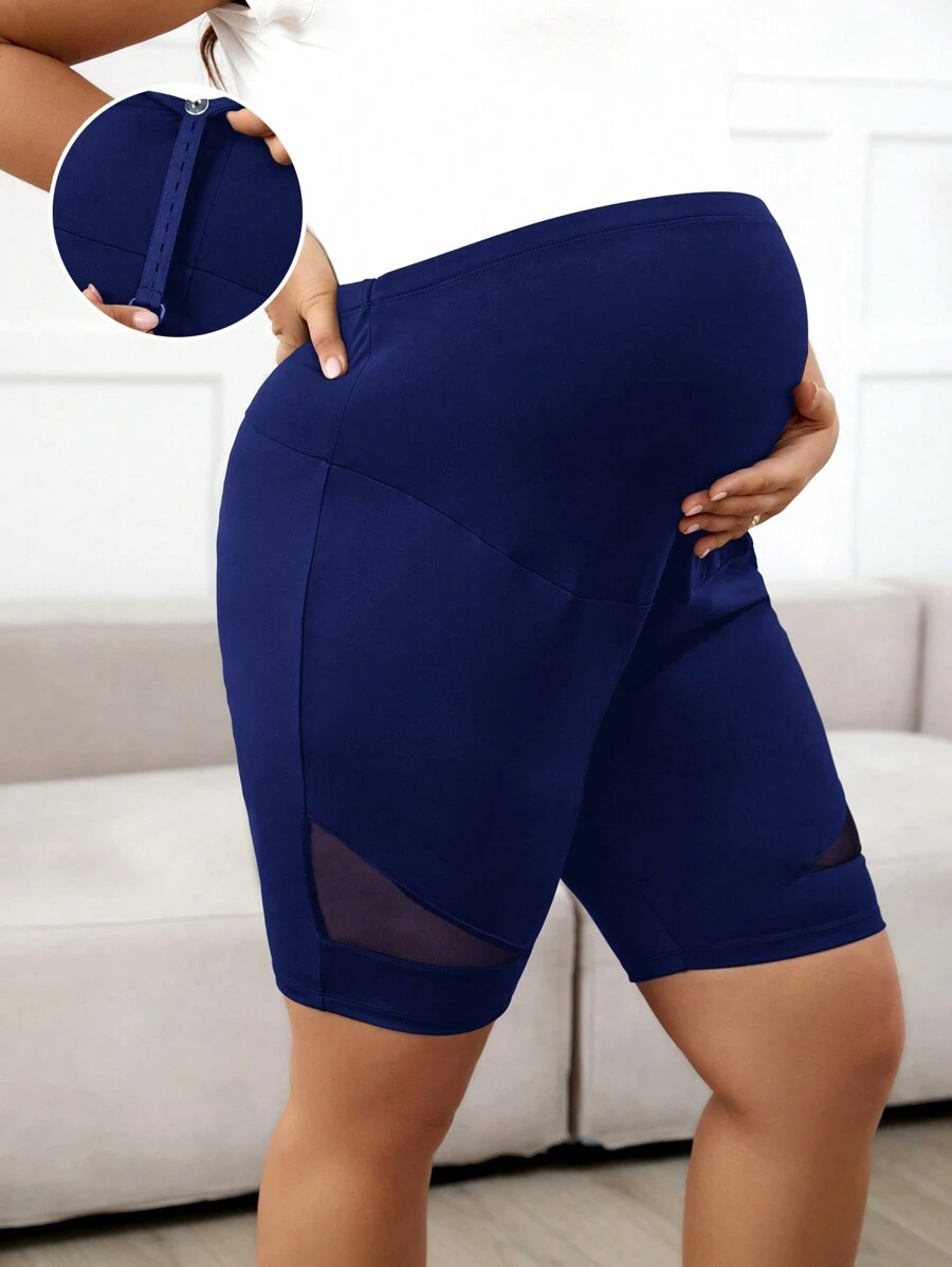 SHEIN Maternity Plus Size High Waist Mesh Panel Solid Color Stretchy Short Leggings
