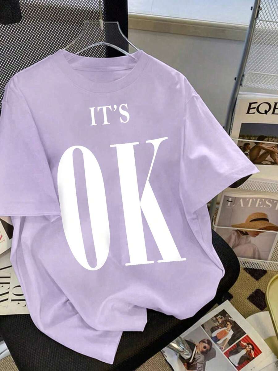 SHEIN Teen Girl Summer Tops, Casual Fun English Letter Printed Knit Oversized Lilac T-Shirt, Summer Outfits