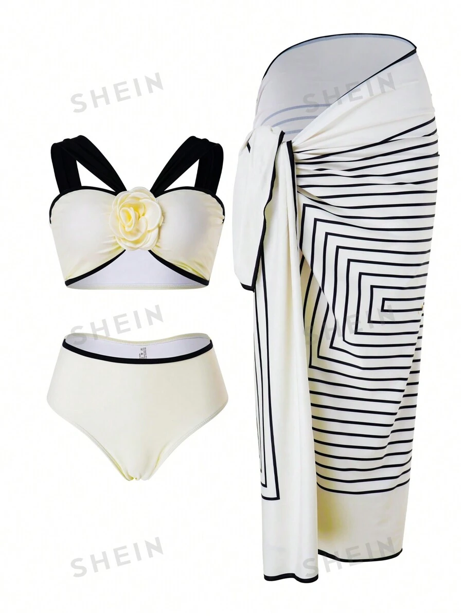 Swim Oasis Conjunto de bikini de playa de verano para mujer con decoración de flores en 3D, falda a rayas