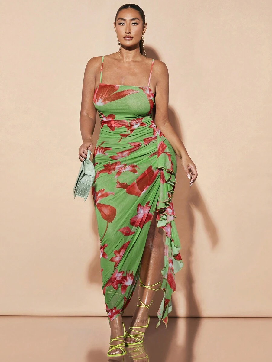 SHEIN BAE Women's Mesh Strappy Dress With Ruffle Trim, Long Bodycon Dress In Green With Large Floral Pattern, Perfect For Romantic Vacations And Elegant Parties, Summer Outfit