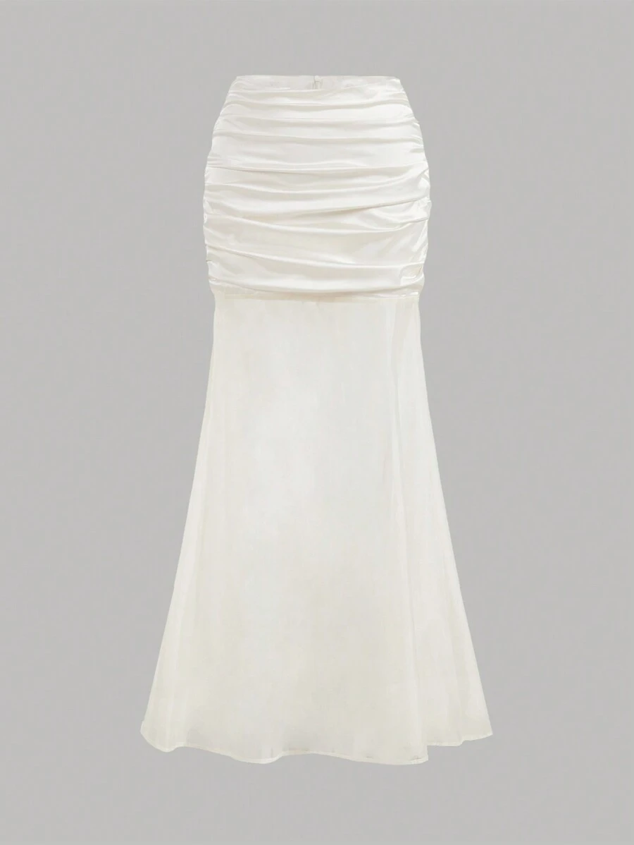 Aloruh Women's Spring And Summer Elegant Romantic Date Vacation Fashion Commuting To Work Skirt Pleated Design Champagne Tulle Patchwork Fishtail Long Skirt